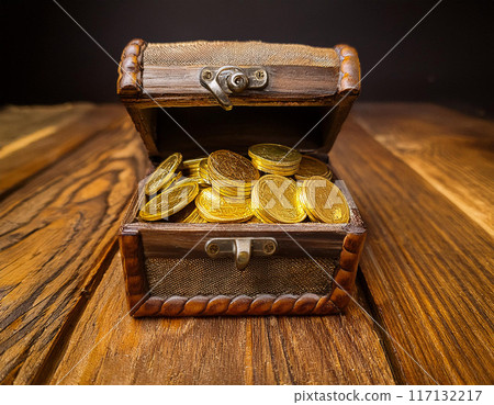Gold coins and old chest 117132217