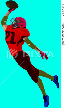 Poster. Contemporary art collage. Football player in red uniform and pink helmet leaps into air to catch football, set against bright teal background. Poster. Contemporary art collage. Football player in red uniform and pink helmet leaps into air to catch football, set against bright teal background. 117132341