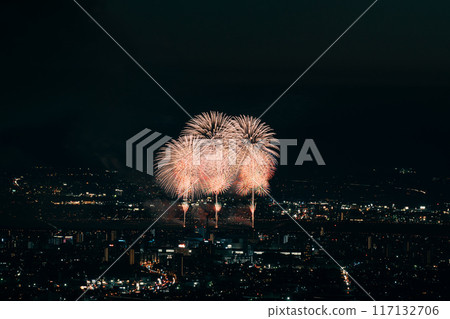 Fireworks dancing in the night sky 117132706