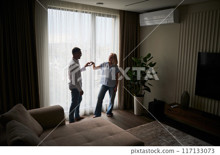 Lovely couple showing heart symbol. Young man and his girlfriend standing opposite the window in natural light at home. Cute newlyweds happy about their new apartment. 117133073