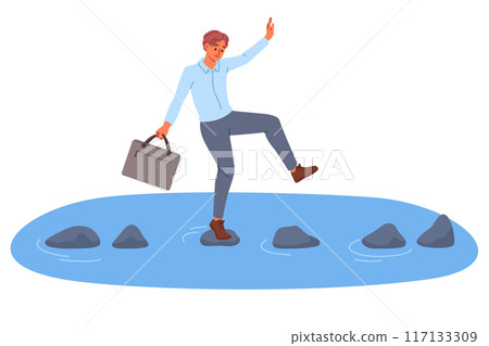 Business man takes risks by crossing river on slippery stones for achieve goals. 117133309