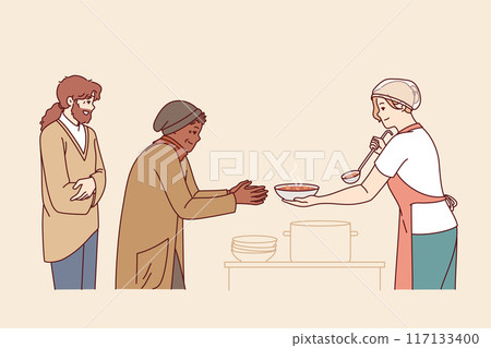 Social canteen for homeless receiving food from hands of volunteer pouring hot soup for poor people 117133400