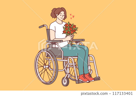 Woman sits in wheelchair with bouquet of flowers, feeling positive thanks to gift from admirer Woman sits in wheelchair with bouquet of flowers, feeling positive thanks to gift from admirer 117133401