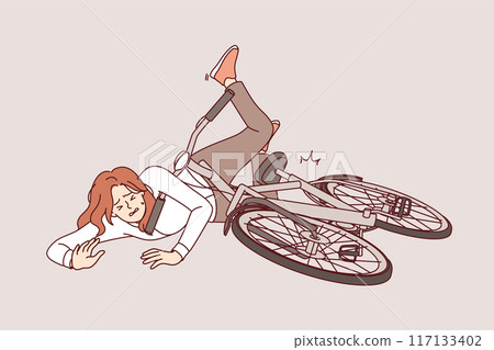 Woman fell off bike while riding in park or learning to ride bike and needs help of doctor Woman fell off bike while riding in park or learning to ride bike and needs help of doctor 117133402