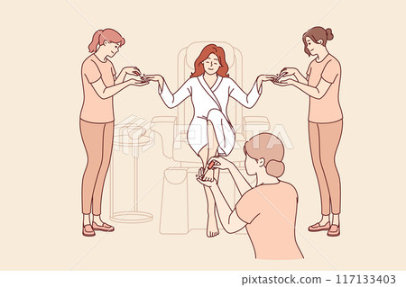 Woman visitor to SPA salon gets manicure and pedicure at same time to prepare for party or date 117133403
