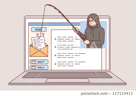 Hacker uses phishing to hack email via internet on laptop and steal confidential emails 117133413