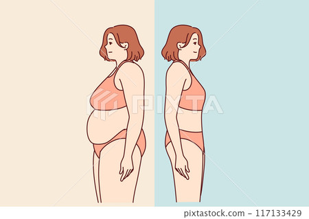 Transformation of fat woman, lost weight thanks to diet and standing in swimsuit 117133429