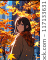 A woman wearing a coat looking at autumn leaves 117133631