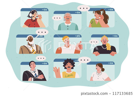 Online communication people using digital technologies for chatting, looking out of computer windows 117133685