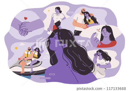 Woman with negative experience in romantic relationship, remembers boyfriend with sadness 117133688