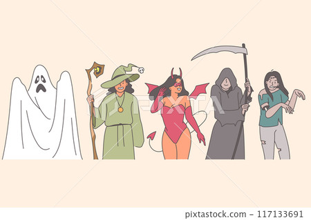 Halloween costumes for men and women dressed up as ghost and witch or sorcerer and grim reaper Halloween costumes for men and women dressed up as ghost and witch or sorcerer and grim reaper 117133691