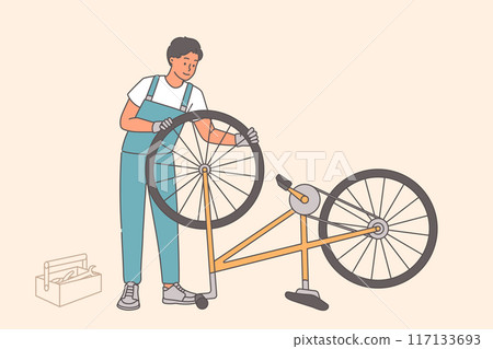Man is bicycle repairman, fixing wheels or assembling cycle from purchased spare parts 117133693