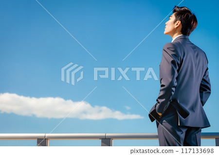 Rear view of a man in a suit looking up at the sky 117133698
