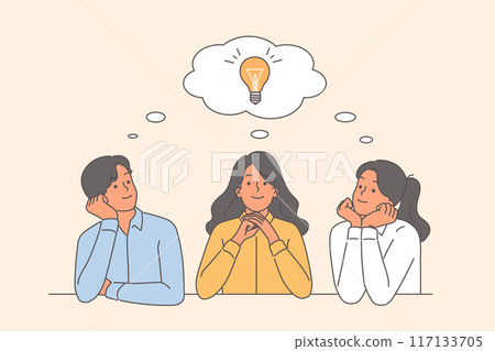 Team brainstorming among business people coming up with idea to launch joint startup Team brainstorming among business people coming up with idea to launch joint startup 117133705