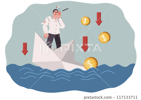Business man failed and is at risk of going bankrupt due to crisis, stands on sinking paper ship 117133711