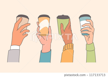 Disposable cups of coffee in hands of people who like to drink hot takeaway drinks while walking 117133713
