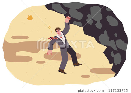 Business man is hanging on cliff at risk of life, and may fall due to dangerous adventure Business man is hanging on cliff at risk of life, and may fall due to dangerous adventure 117133725