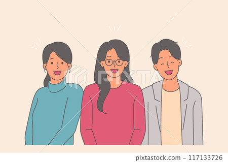 Happy men and women look at screen with smile, laughing after hearing joke or positive news Happy men and women look at screen with smile, laughing after hearing joke or positive news 117133726