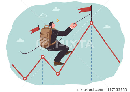 Purposeful business man achieves ambitious goal by climbing up to flag on growing financial graph Purposeful business man achieves ambitious goal by climbing up to flag on growing financial graph 117133733