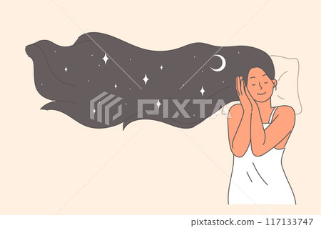 Happy woman sleeps in bed and sees positive dreams and sky with view of stars in endless universe Happy woman sleeps in bed and sees positive dreams and sky with view of stars in endless universe 117133747