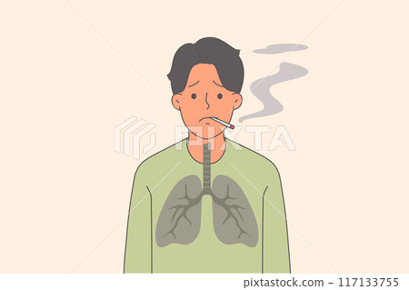 Man smoker with lung cancer suffers from nicotine addiction, stands with cigarette in mouth 117133755