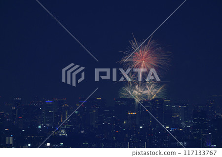 Image of fireworks and the city as seen from the balcony of an apartment building 117133767