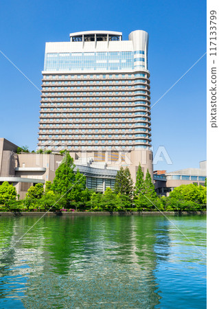 Tenmabashi, Kita-ku, Osaka City: View of the Okawa River and the Imperial Hotel Osaka from Sakuranomiya Park 117133799
