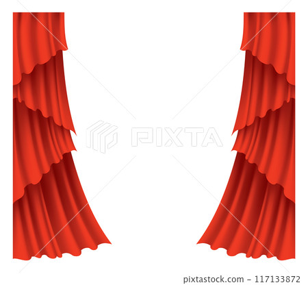 Red curtains realistic. Theater fabric silk decoration for movie cinema or opera hall. Curtains and draperies interior decoration object. Isolated on transparent for theater stage Red curtains realistic. Theater fabric silk decoration for movie cinema or opera hall. Curtains and draperies interior decoration object. Isolated on transparent for theater stage 117133872