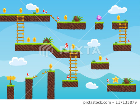 Game level map. Arcade 2d video game for old computer or console. Cartoon computer or mobile arcade with bonus items, jumping road to goal play. Vector cartoon illustration 117133879