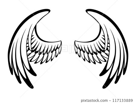 Wings sketch. Stylized birds wings. Hand drawn contoured stiker wing in open position. Vector design elements in coloring style 117133889
