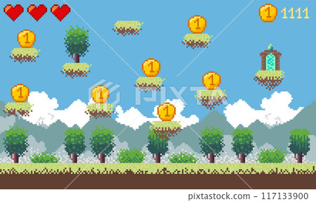 Pixel art game background. Retro 8 bit video game interface. Old compute pixel art. Banner of pixel-game. Vector cartoon illustration 117133900