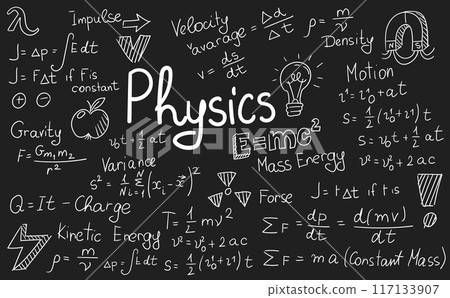 Physics formulas, science and education background. Chalkboard inscribed with scientific formulas and calculations in physics and mathematics. Retro vector illustration Physics formulas, science and education background. Chalkboard inscribed with scientific formulas and calculations in physics and mathematics. Retro vector illustration 117133907