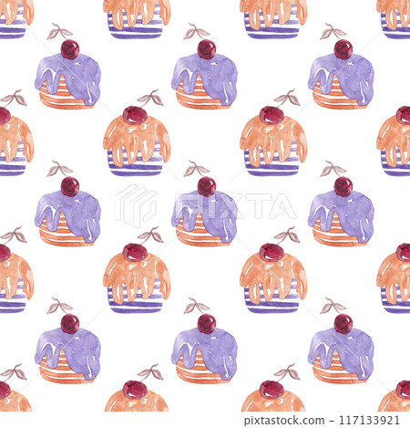 Holiday cupcakes with frosting and cherries. Watercolor holiday pattern 117133921