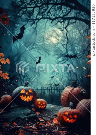 Spooky Halloween night with carved pumpkins and bats in a dark forest. Generative AI 117133930