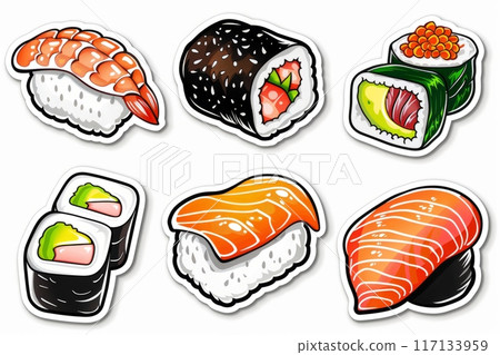 Delicious Assortment of Sushi Featuring Various Types on a Bright Background 117133959