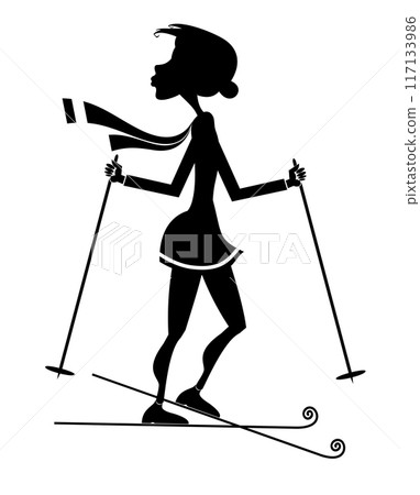 Illustration of young skier woman. Winter sport. Young woman skiing. Black on white background 117133986