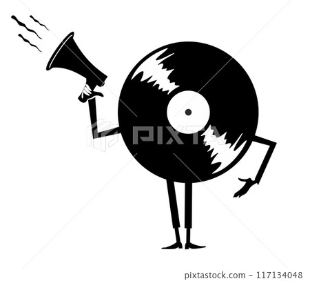 Cartoon long playing record holding megaphone. Retro record player. Cartoon long playing record makes announcement to megaphone. Black and white illustration Cartoon long playing record holding megaphone. Retro record player. Cartoon long playing record makes announcement to megaphone. Black and white illustration 117134048