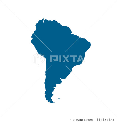 Vector map silhouette of South America, showcasing its distinct shape and geographical layout. Ideal for educational and design purpose, graphic emphasizes the continent borders without any details. 117134123