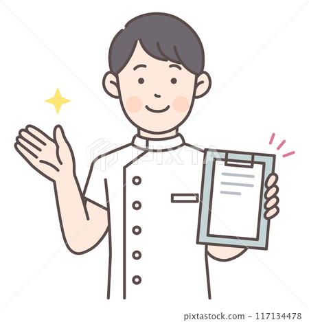 男護理師一邊出示病歷一邊指導患者 117134478