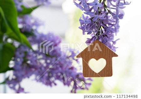 Close-up of the keys and keychain in the form of a house against a background of lilac, a symbol of the family hearth and own home. Purchase of real estate. 117134498
