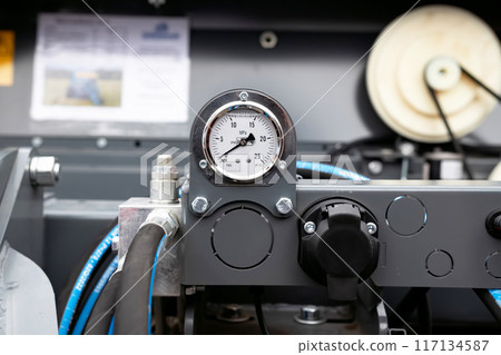 Hydraulic power unit mechanical valve with connection and pressure gauge. 117134587
