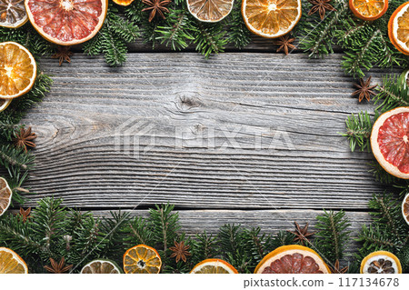 Christmas or New Year background with a border of green fir branches 117134678