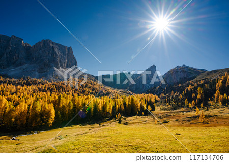 Incredible view at autumn Italian Dolomite Alps 117134706