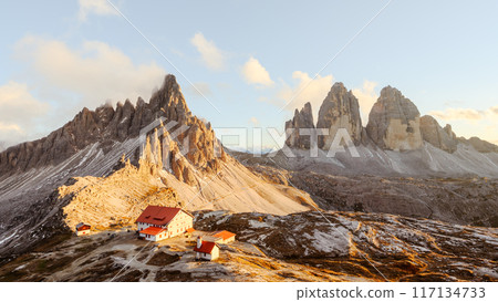 Panoramic view on Tre Cime di Lavaredo and rifugio Locatelli Panoramic view on Tre Cime di Lavaredo and rifugio Locatelli 117134733