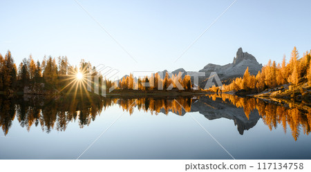 Panoramical view on Federa Lake and Croda da Lago mountains Panoramical view on Federa Lake and Croda da Lago mountains 117134758