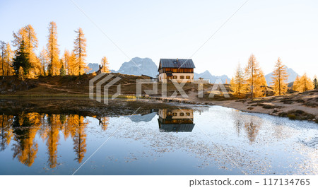 Panoramical view on Rifugio Croda on Federa Lake in autumn time Panoramical view on Rifugio Croda on Federa Lake in autumn time 117134765
