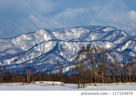 A snowy winter mountain towering over the snowy fields A snowy winter mountain towering over the snowy fields 117134854
