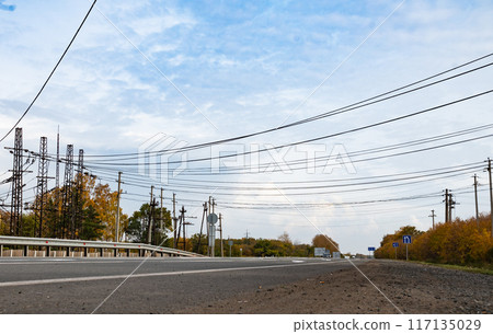 High voltage power lines leading through a green field. Transmission of electricity by means of supports through agricultural areas. 117135029