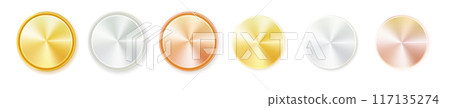Medals logo. Round awards in gold, silver and bronze metallic colors coin. Vector 117135274