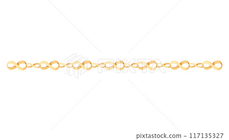 Metal chainlets with variety chain links. Gold vector illustration isolated on white background. Jewelry from precious metals. For jewelry store ad, fashion concept 117135327